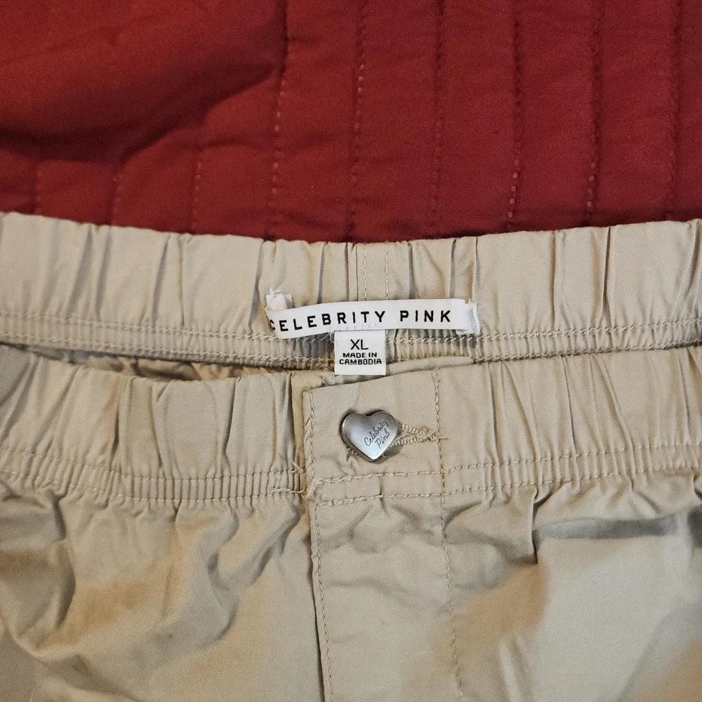 F22 Celebrity Pink Women XL Khaki Cargo Pants Wide Leg Elastic Waist Tan Utility